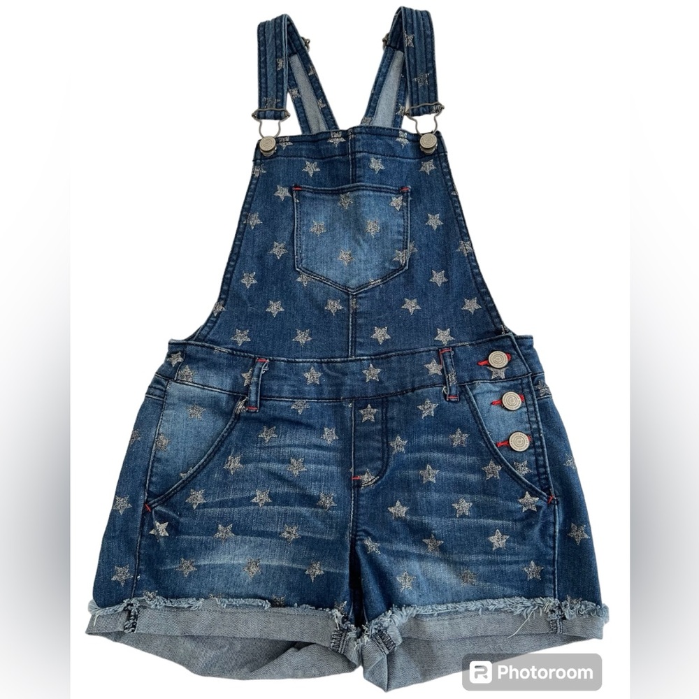 Back to school! Girls denim overall shorts with sparkly silver stars!